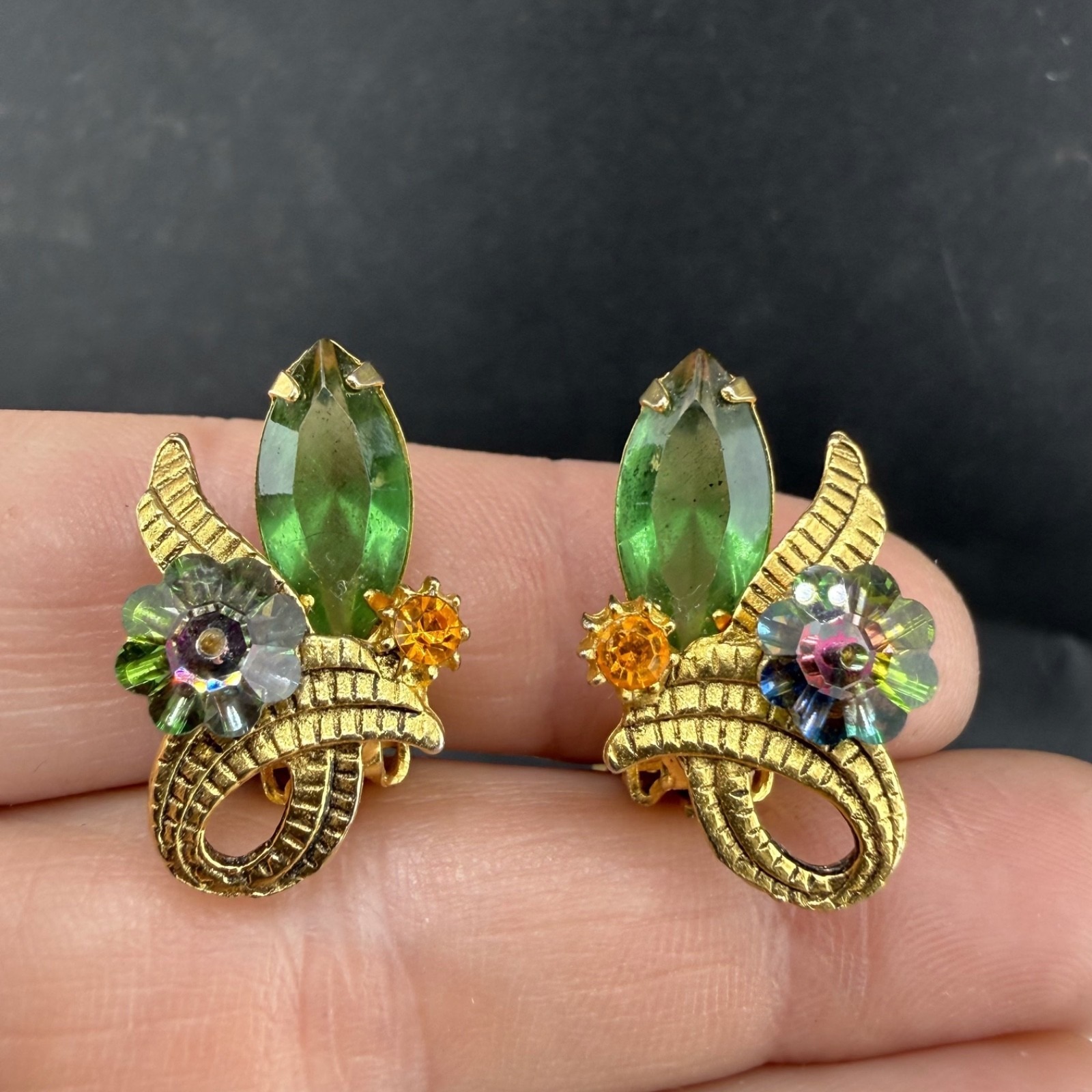 Vintage Juliana Rhinestone Clip On Earrings Gold Tone Flower Watermelon 130$